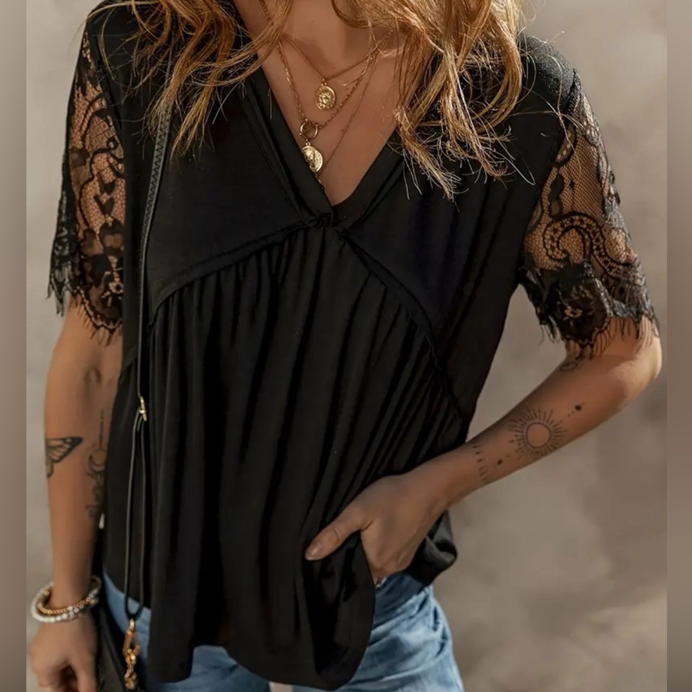 Black eyelash lace sleeve, v neck shirt